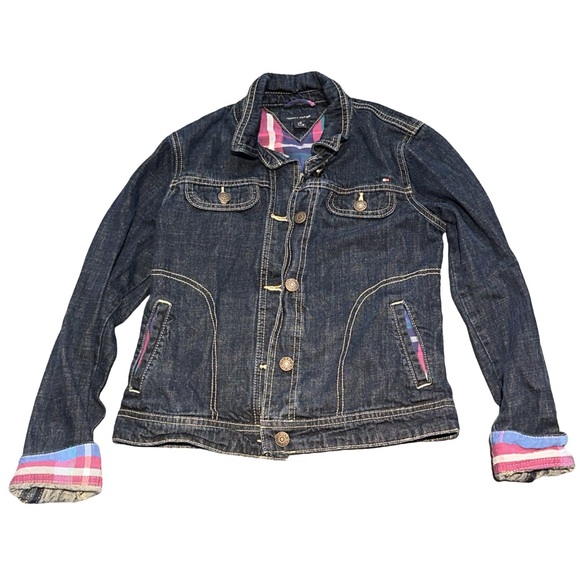 TOMMY HILFIGER girl's dark wash colourful plaid lined denim jacket, L (12-14). - Picture 2 of 6